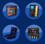 gifts for gamers such as plush chairs, scratch off game posters, mini arcade games, video game key holders, books, and more