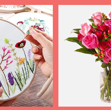 needlepoint and a bouquet of flowers