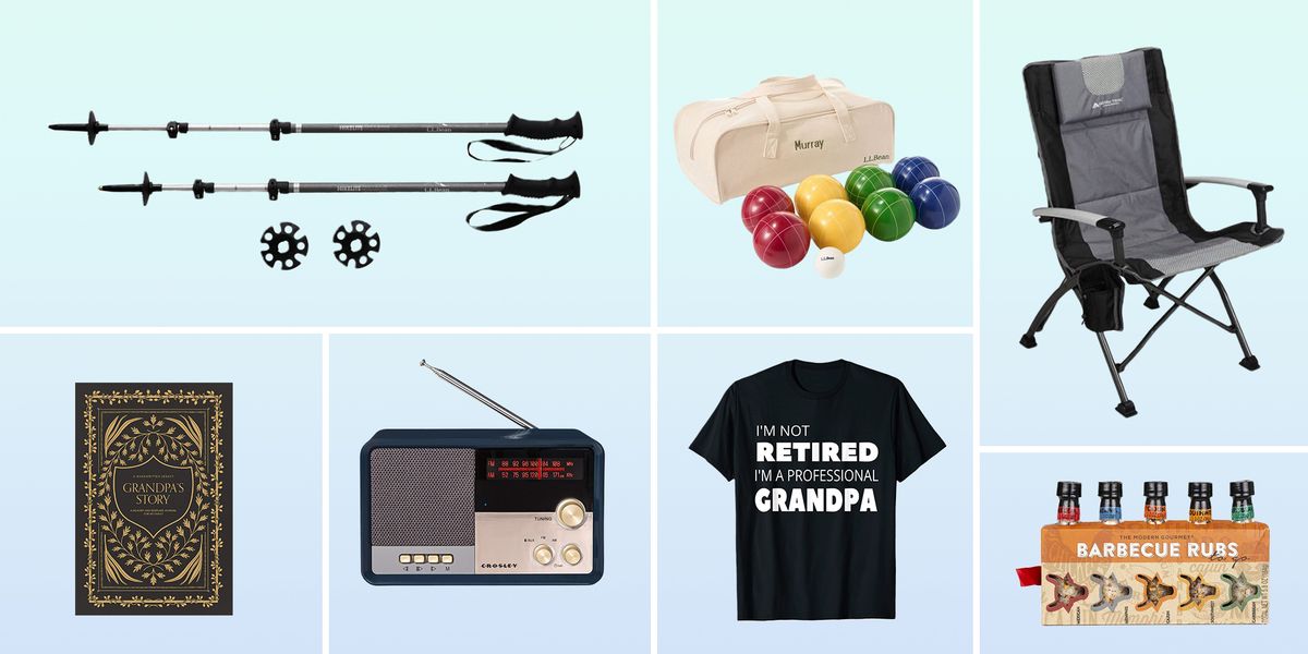 walking sticks, bocce ball set, camping chair, barbecue rubs, retired grandpa tshirt, radio, grandpa's story book