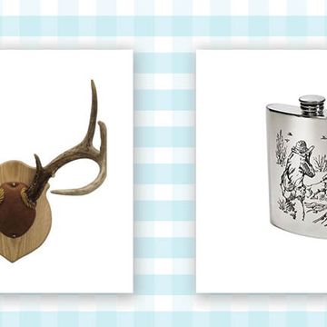 deer antler mounting kit and silver flask with bird hunting scene on it