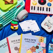 camper van toy, keyboard, yoto, kids against maturity game, aya and pete books