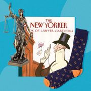 lady justice statue, new yorker book of lawyer cartoons, scale of justice socks