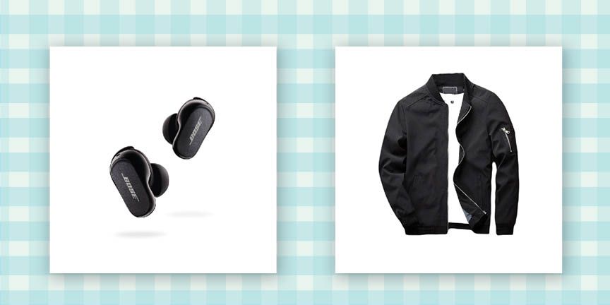 bose noise cancelling earbuds and black bomber jacket