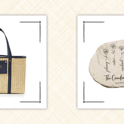 monogrammed straw bag and garden stone