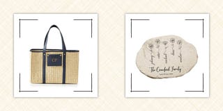 monogrammed straw bag and garden stone