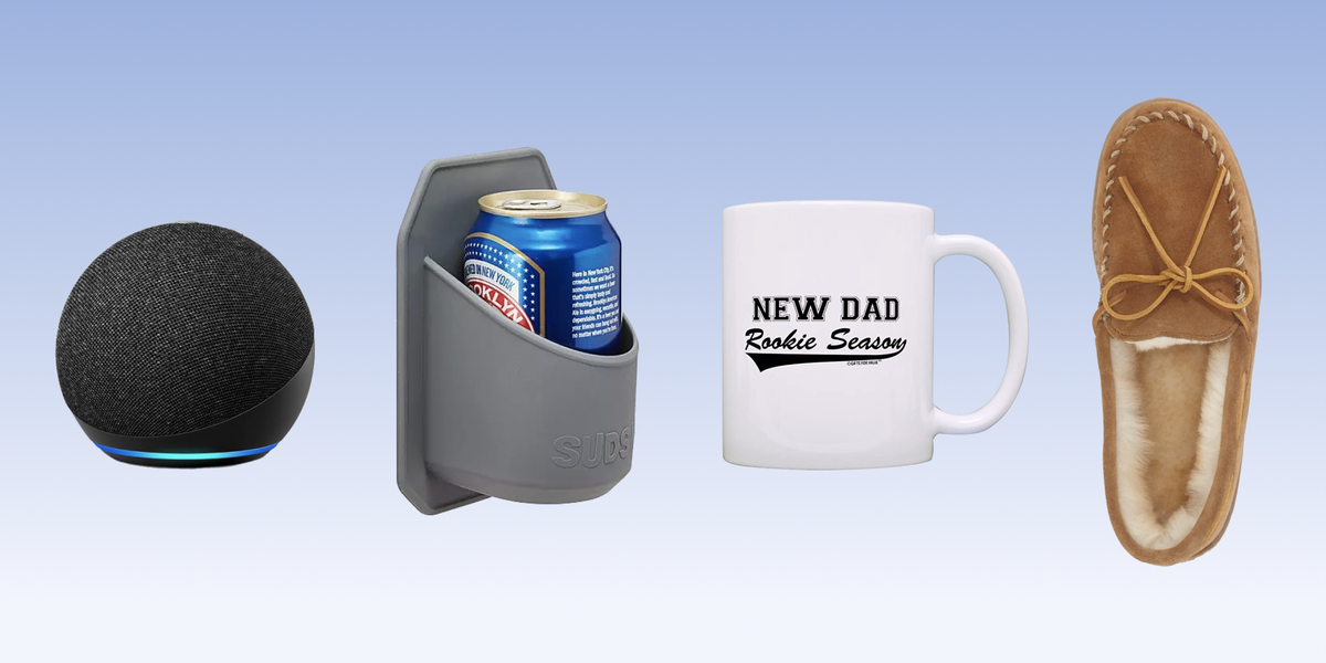gifts for new dads, echo dot, shower beer holder, new dad mug, slippers
