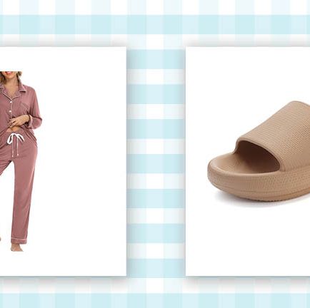 woman wearing pajamas set and beige house shoe on a blue and white background