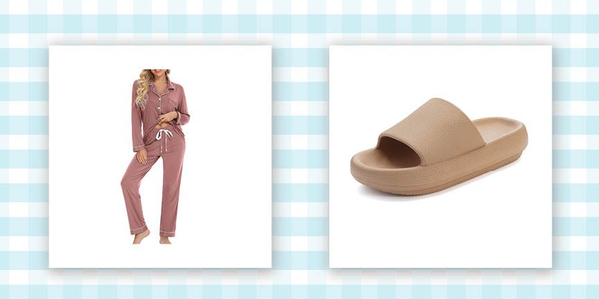 woman wearing pajamas set and beige house shoe on a blue and white background