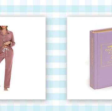 woman wearing pajamas and photo of a book called moms one line a day on a blue and white background