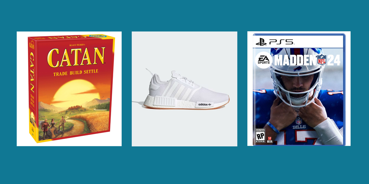board game catan, adidas sneakers and madden video game all on a blue background