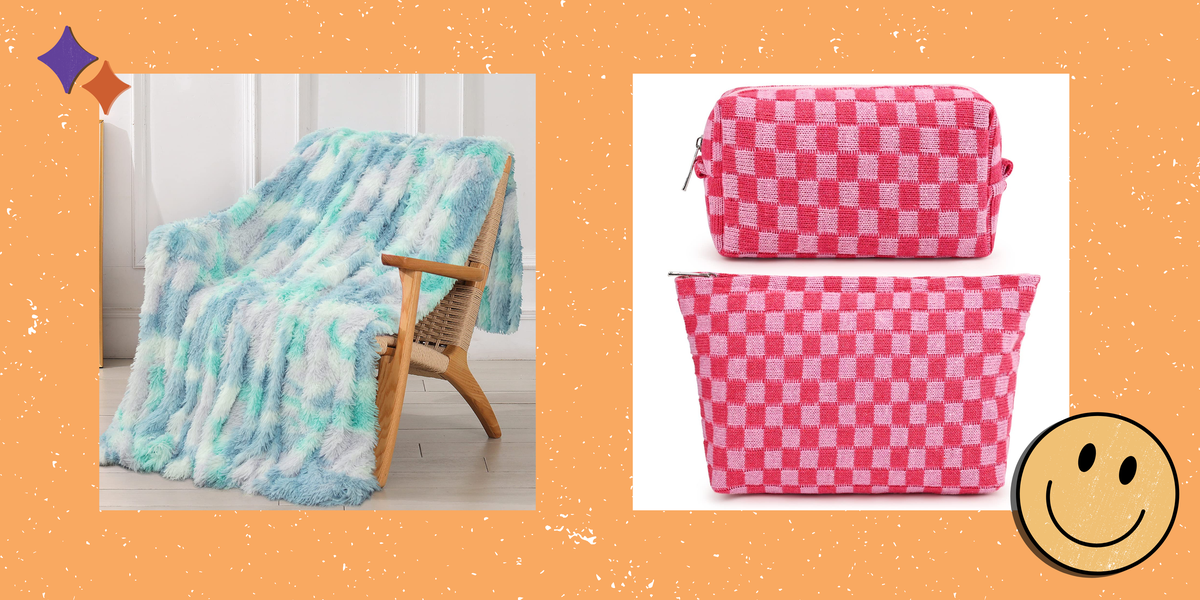 blue tie dye fuzzy blanket and pink checkered cosmetic bags on an orange background