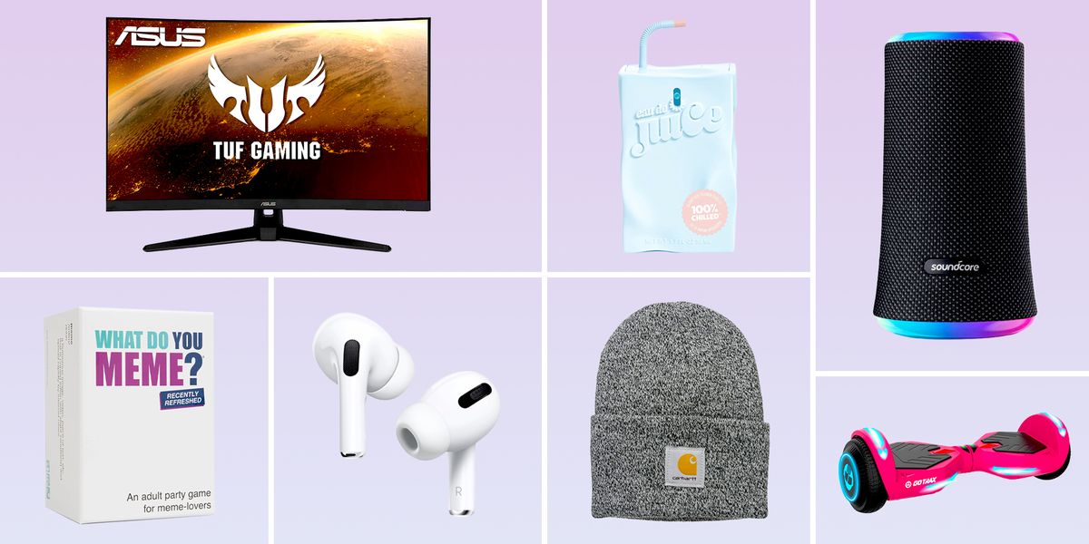 gifts for teens including tvs for gaming, what do you meme card games, soundcore speakers, perfume, airpods, carhart hats, hoverboards, and more