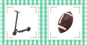 a dark grey electric scooter and a brown leather football