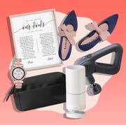 This is an image our vows poster, rothys flats, theragun, vitruvi diffuser, everlane catchall, michael kors smartwatch