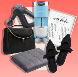 theragun, keurig coffee maker, our vows print, roths mary jane shoes, weighted blanket, travel makeup bag