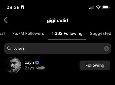 gigi hadid still following zayn malik as of 830 am on september 23