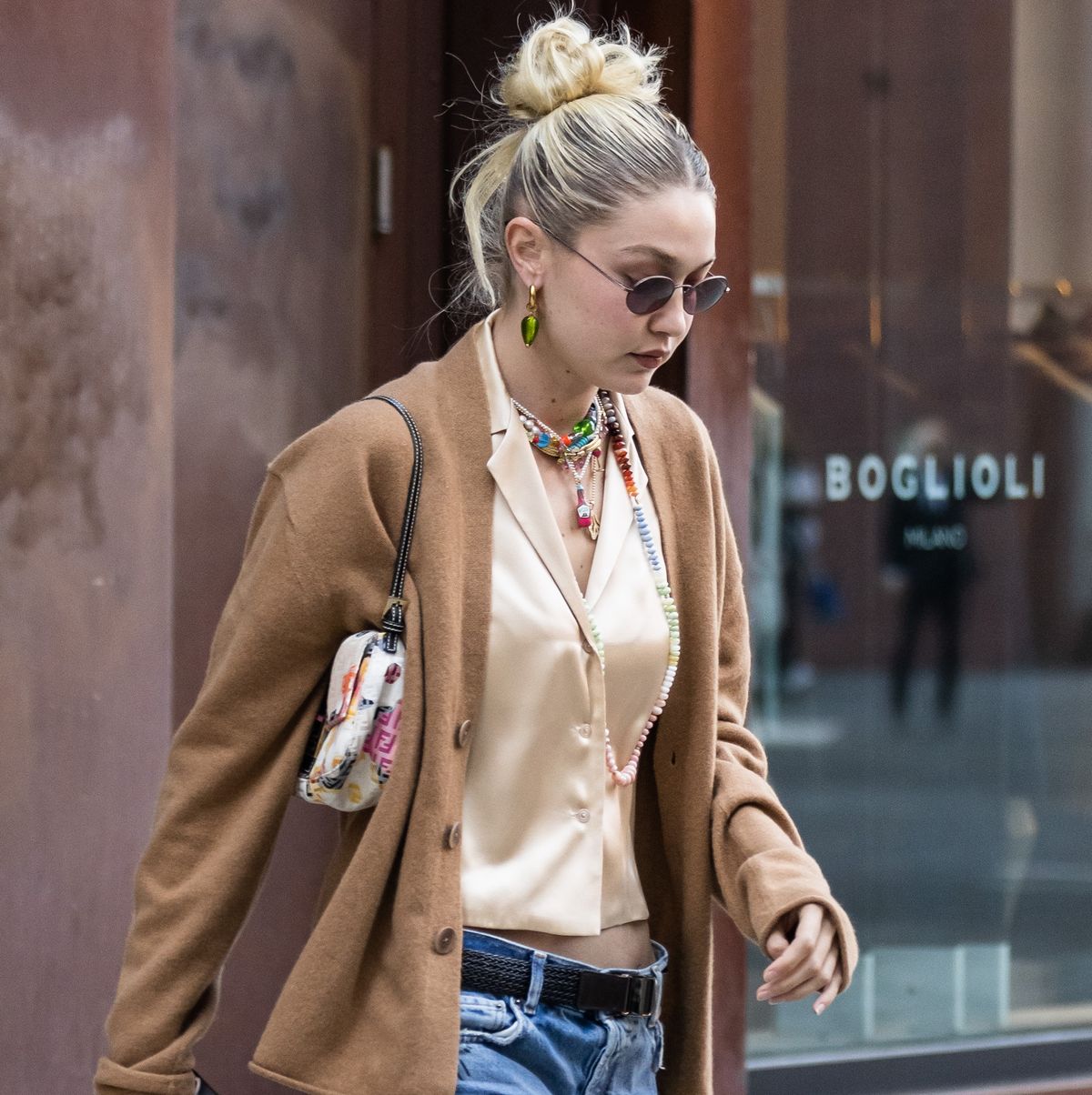 Gigi Hadid Wears a Cozy Cardigan and Colorful Accessories in NYC