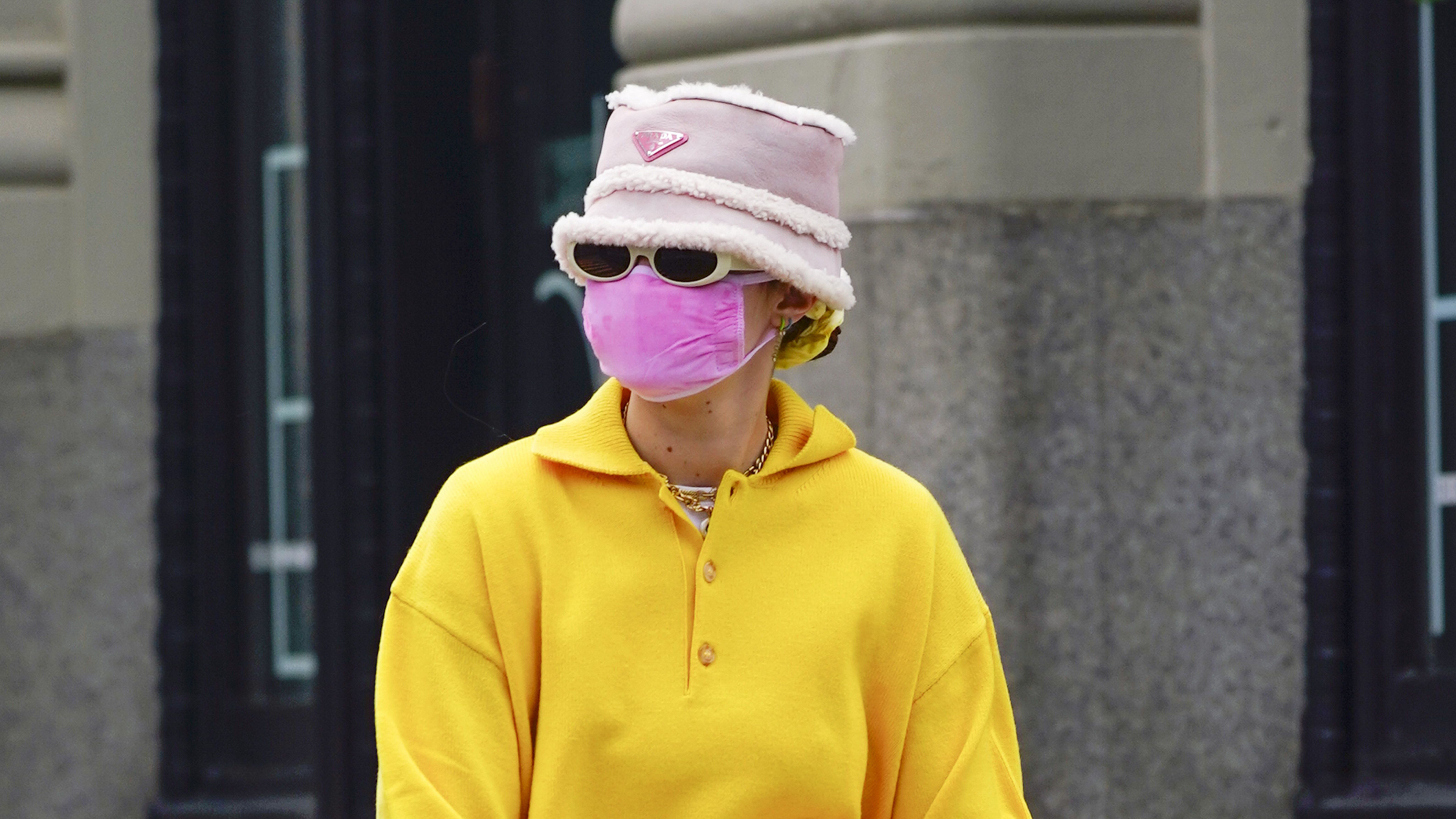 Gigi Hadid Wears a Yellow Sweat Suit and Prada Bucket Hat in NYC