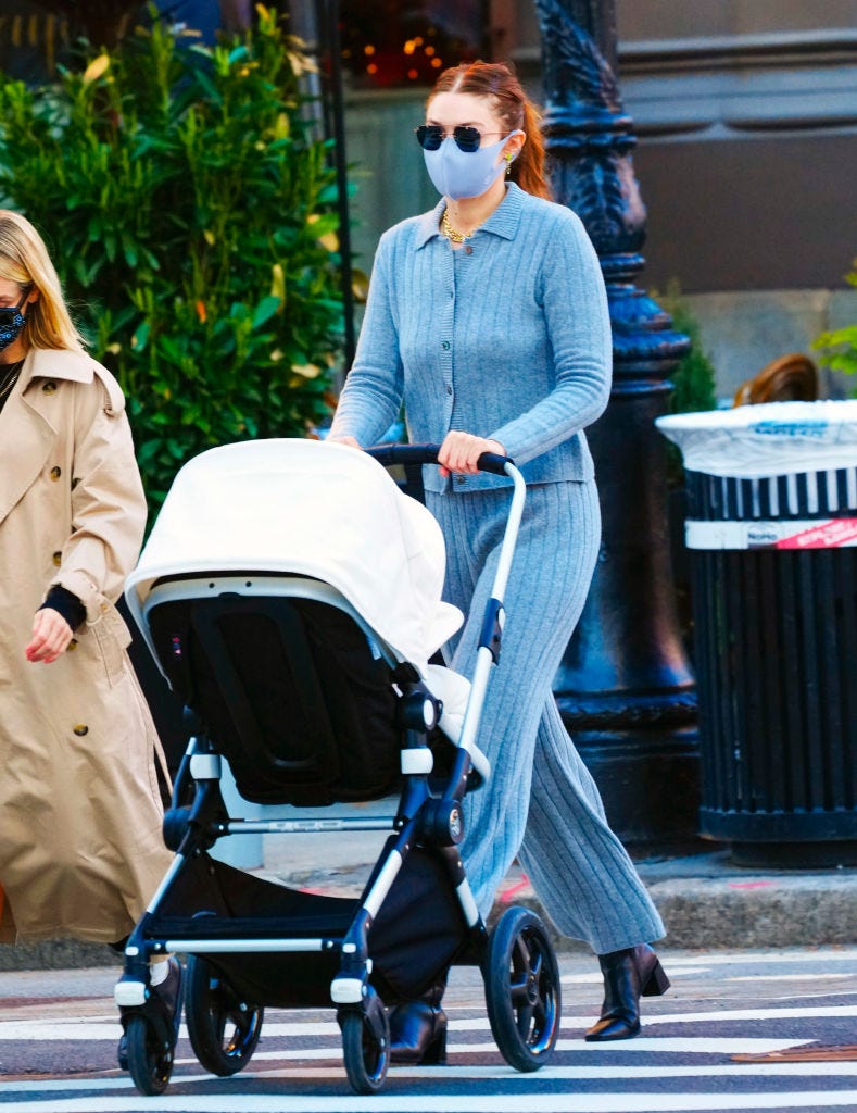 Gigi Hadid Wears Cozy Grey Sweater Set For Walk With Baby Khai