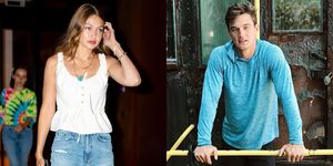 split image of gigi hadid wearing white shirt and reaching hand toward hair and tyler cameron in a blue long sleve shirt leaning toward camera