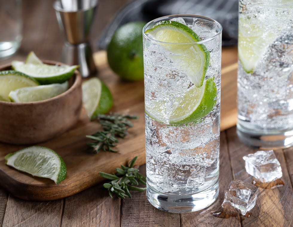 gin and tonic cocktail with lime and ice