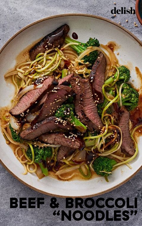 plate of low carb broccoli zoodles with beef