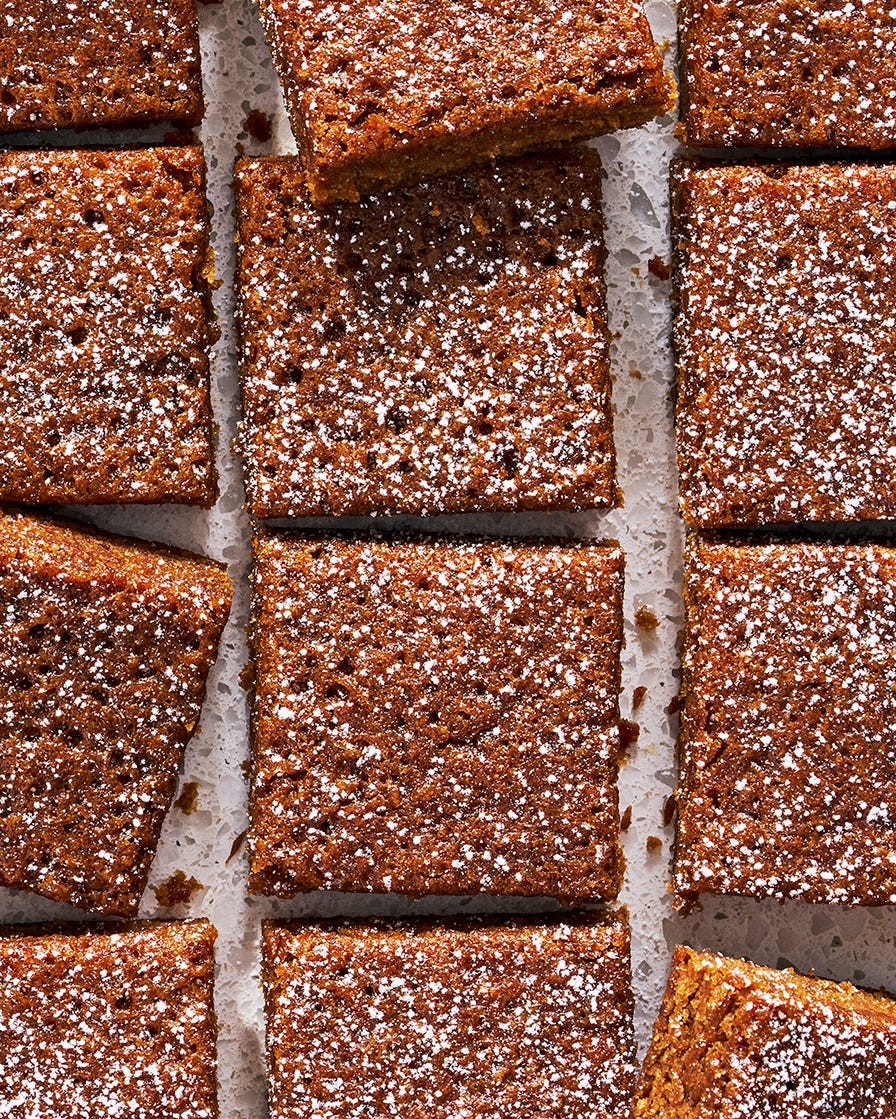 gingerbread blondies dusted with powdered sugar