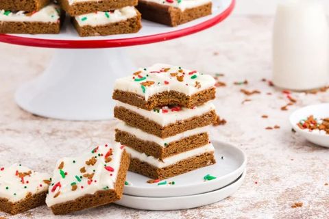 chewy gingerbread bars with red and green sprinkles
