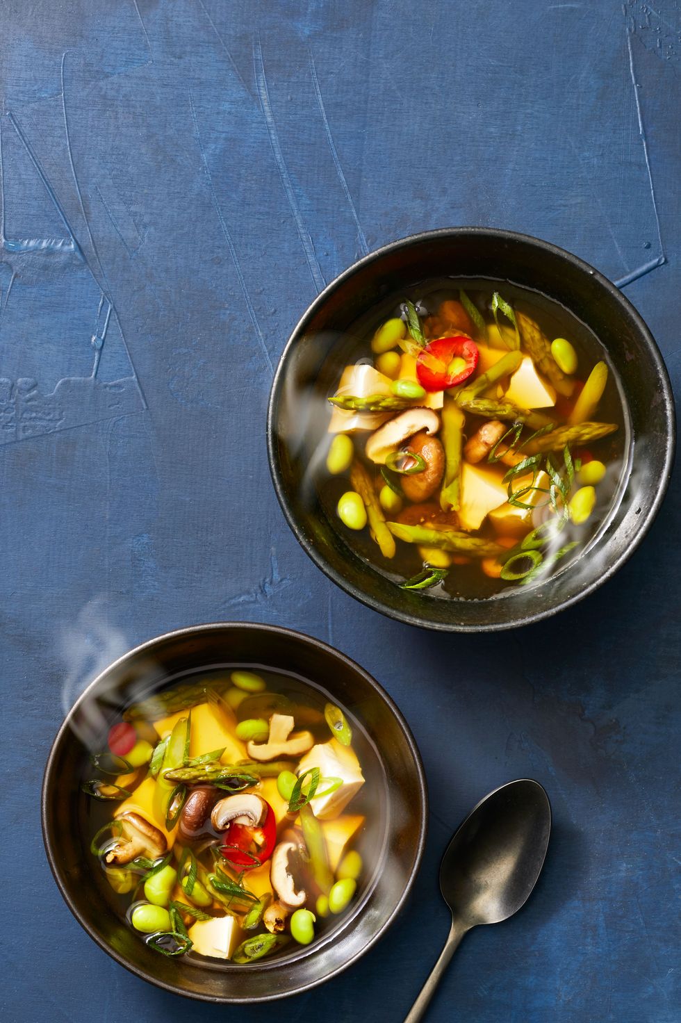 gingery spring soup with edamame, mushrooms and tofu