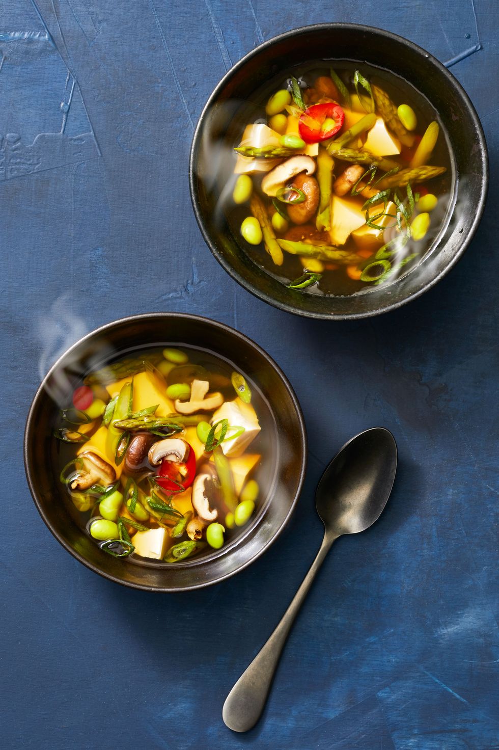 gingery spring soup with edamame, mushrooms and tofu