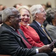 washington, dc   october 21 l r associate supreme court justice clarence thomas sits with his wife and conservative activist virginia thomas while he waits to speak at the heritage foundation on october 21, 2021 in washington, dc clarence thomas has now served on the supreme court for 30 years he was nominated by former president george h w  bush in 1991 and is the second african american to serve on the high court, following justice thurgood marshall photo by drew angerergetty images