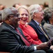 Justice Thomas Attends Forum On His 30 Year Supreme Court Legacy washington, dc october 21 l r associate supreme court justice clarence thomas sits with his wife and conservative activist virginia thomas while he waits to speak at the heritage foundation on october 21, 2021 in washington, dc clarence thomas has now served on the supreme court for 30 years he was nominated by former president george h w bush in 1991 and is the second african american to serve on the high court, following justice thurgood marshall photo by drew angerergetty images