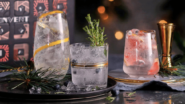 Drink, Gin and tonic, Glass, Distilled beverage, Rosemary, Fizz, Pine family, 