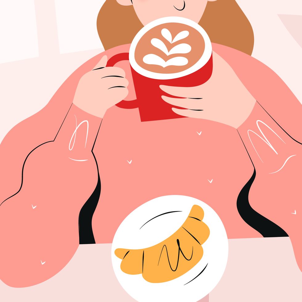 girl drinking coffee in coffee shop or cafeteria, woman enjoying her cappuccino drink in red mug, young woman holding her cup sitting at cafe table, flat vector illustration, cartoon character