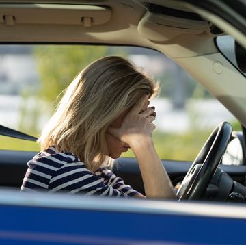 girl driver feeling doubtful confused about difficult decision, suffering from burnout, life crisis