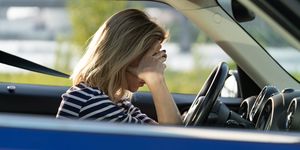 girl driver feeling doubtful confused about difficult decision, suffering from burnout, life crisis