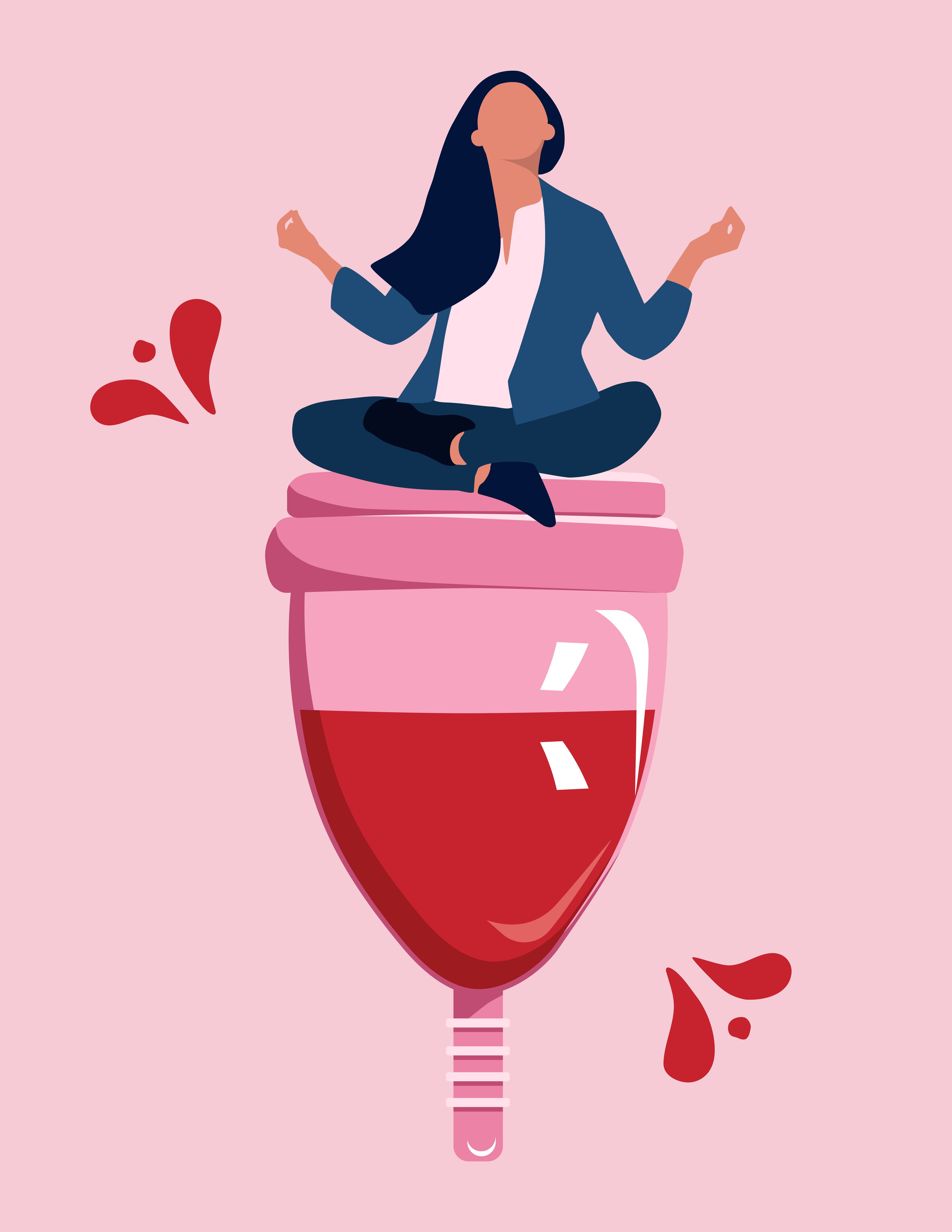 Girl sitting and meditating on big menstrual cup with blood.Pms, woman hygiene and healthcare concept.Vector in trendy style.Female periods and critical days.