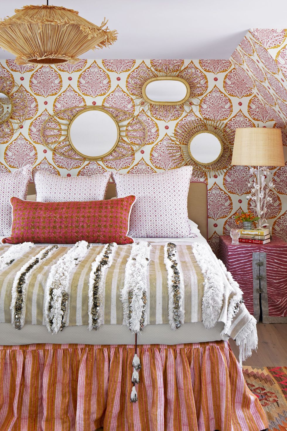 Bedroom, Furniture, Bed, Room, Orange, Bedding, Interior design, Pillow, Yellow, Pink, 