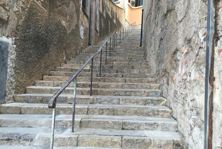 Stairs, Wall, Alley, Infrastructure, Stone wall, Handrail, Architecture, Street, Cobblestone, Building, 