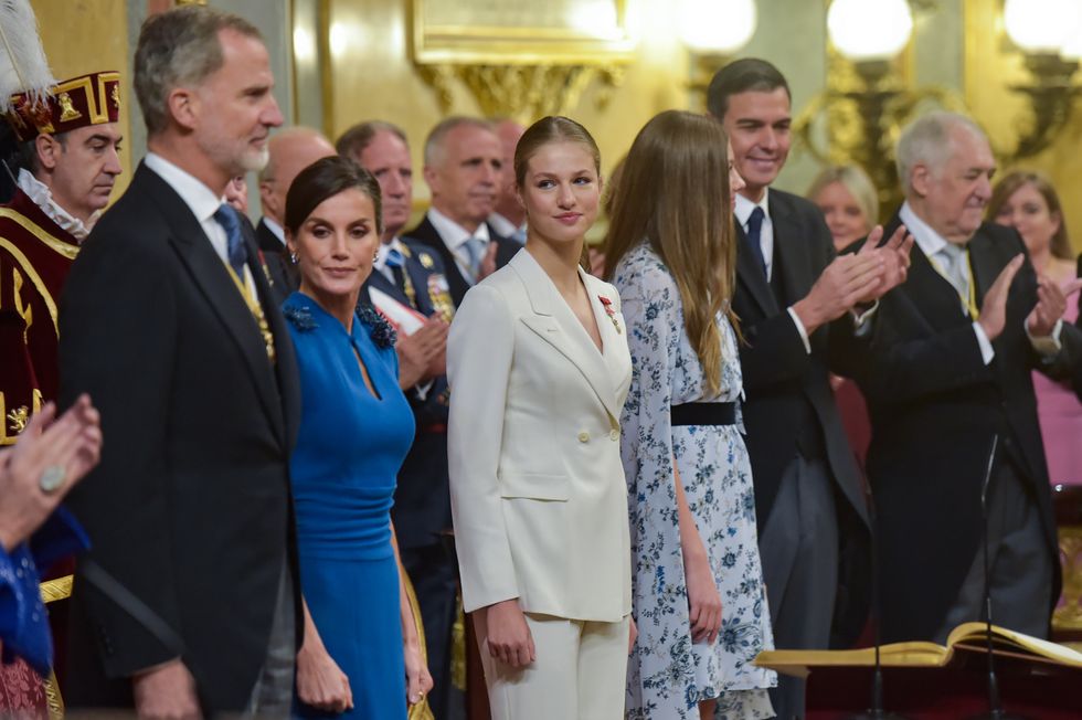 madrid, spain october 31 king felipe vi of spain, queen letizia of spain, crown princess leonor of spain and princess sofia of spain arrive for the ceremony of crown princess leonor swearing allegiance to the spanish constitution at the spanish parliament on the day of her 18th birthday on october 31, 2023 in madrid, spain photo by juan naharro gimenezgetty images
