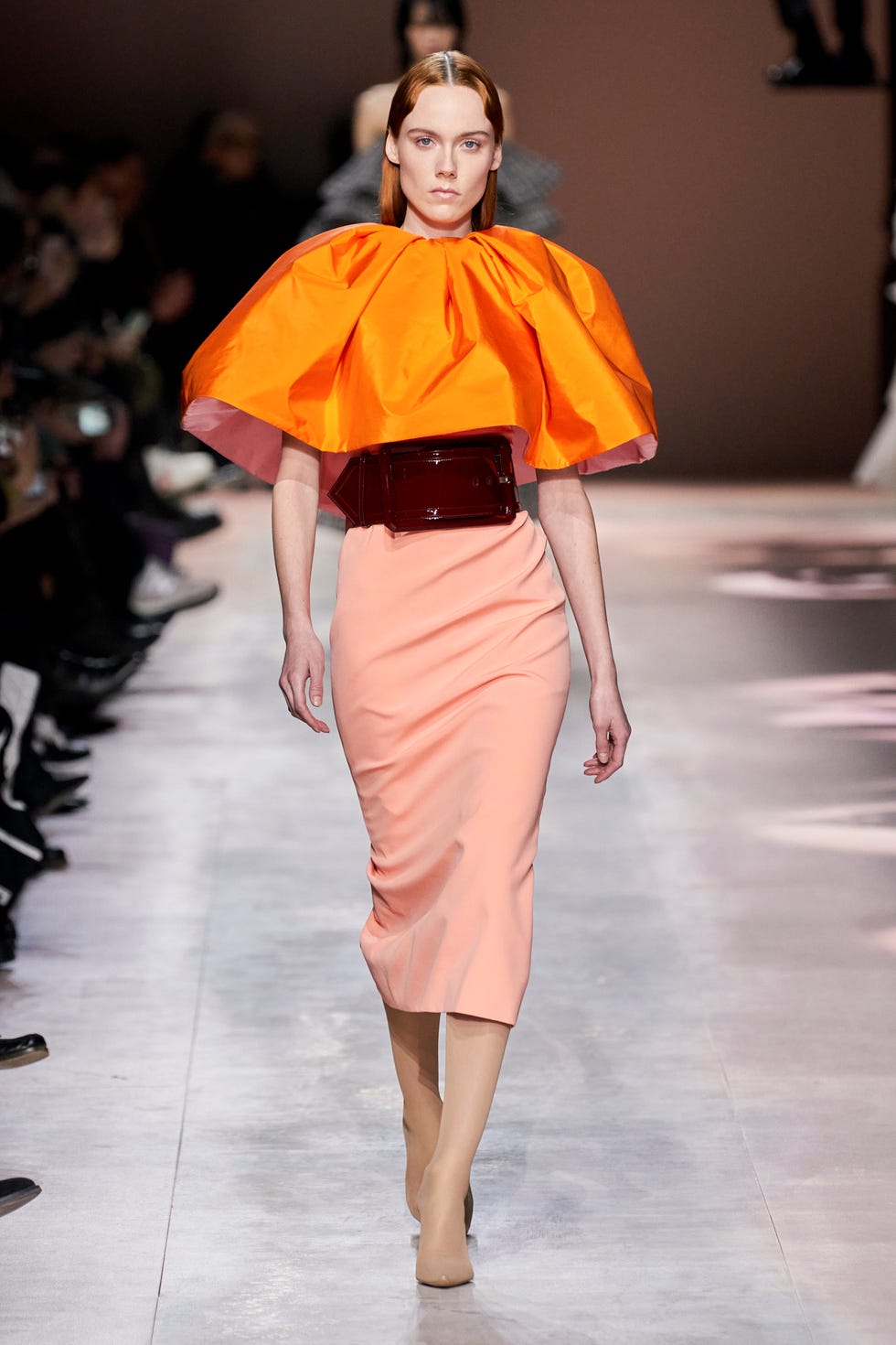 Fashion show, Fashion, Fashion model, Runway, Clothing, Orange, Yellow, Shoulder, Haute couture, Fashion design, 