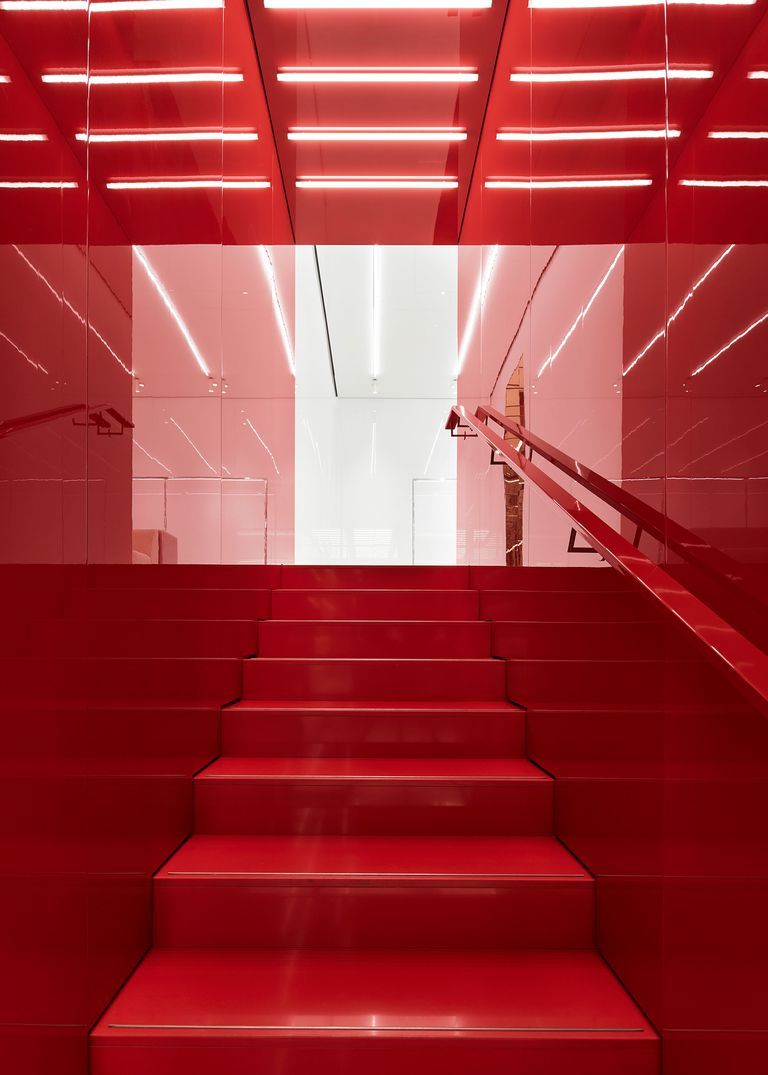 Red, Stairs, Line, Light, Architecture, Orange, Design, Flooring, Symmetry, Material property, 