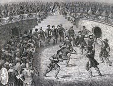 engraving of gladiators fighting in the ring in ancient rome as many people stand or sit and watch