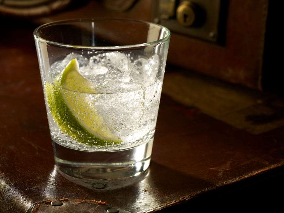 glass of gin and tonic with ice and lime