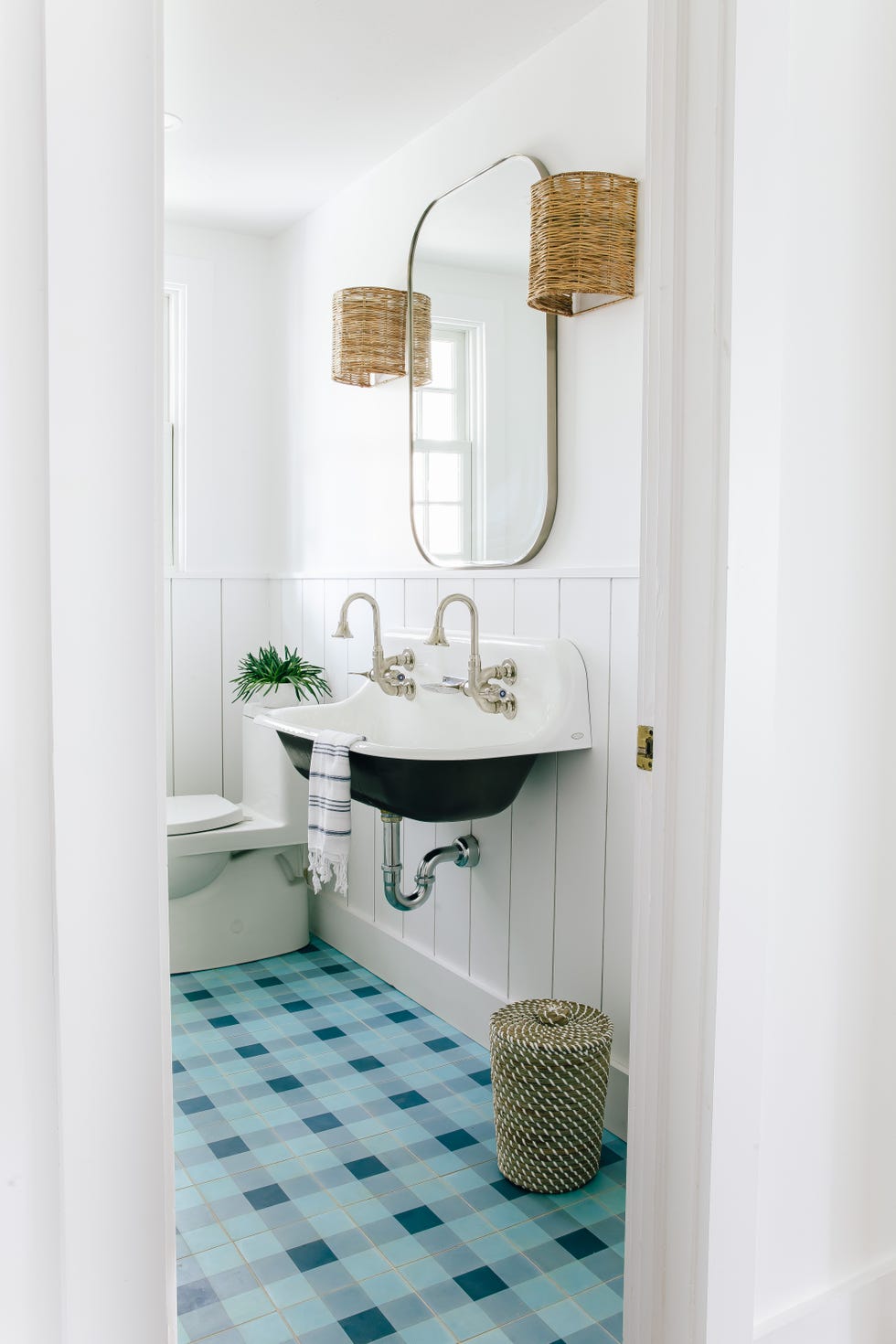 coastal bathroom with blue plaid tile floor
