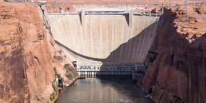 water inside the glen canyon dam, which impounds lake powell on the colorado river, fell to about 3,520 feet above sea level this year, if it drops below 3,490 feet, then the dam can no longer produce hydroelectric powe