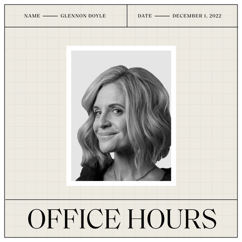 black and white photo of glennon doyle with her name and date above the photo and the office hours logo below