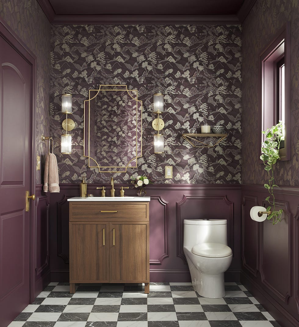 purple bathroom wainscoting