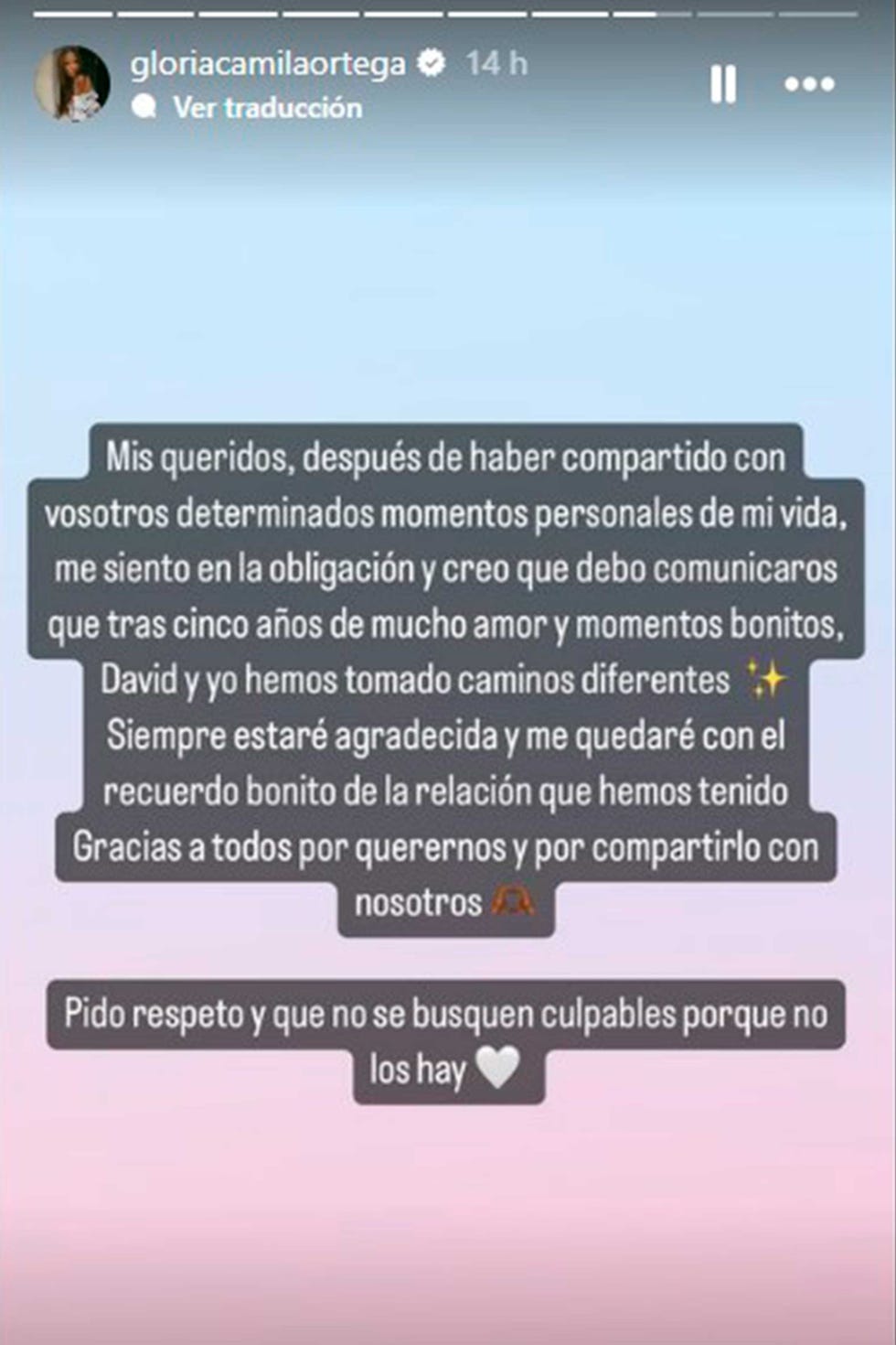 mensaje de gloria camila sobre su ruptura con david garcia