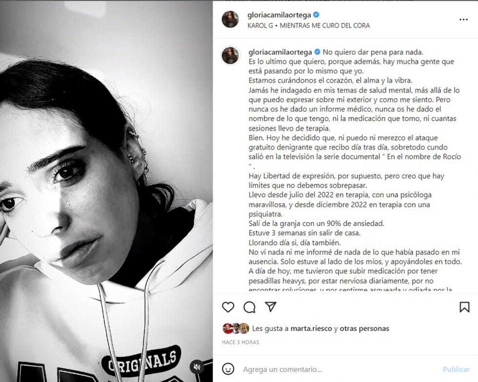 gloria camila ortega habla de su problema de salud mental en un post de instagram y confiesa que tiene un cuadro ansioso depresivo